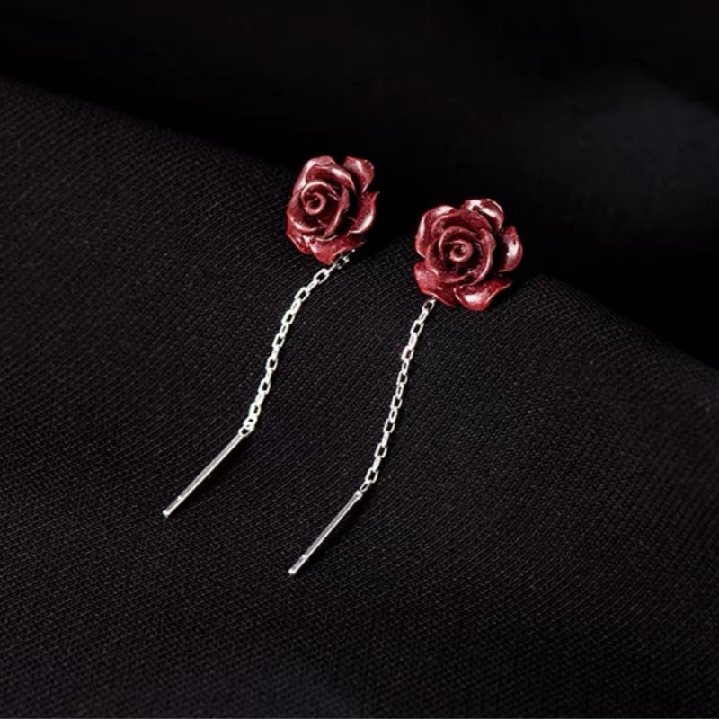 Sterling Silver Red Rose Threader Earrings