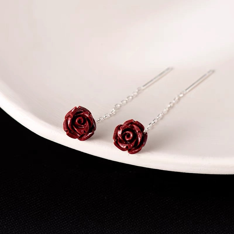 Sterling Silver Red Rose Threader Earrings
