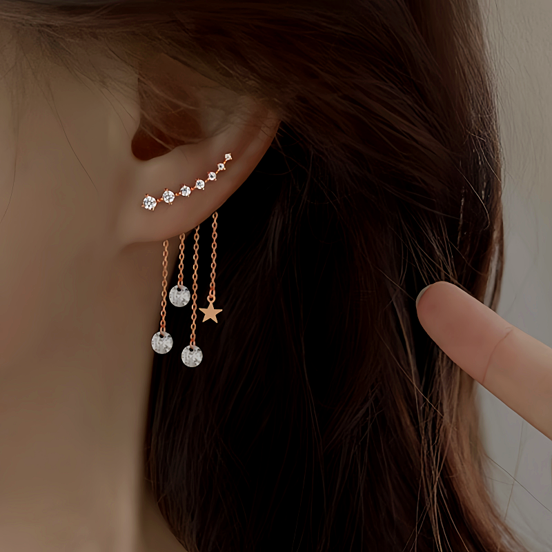 Sterling Silver Rose Golden Elegant Zircon Diamond Star Tassel Earrings