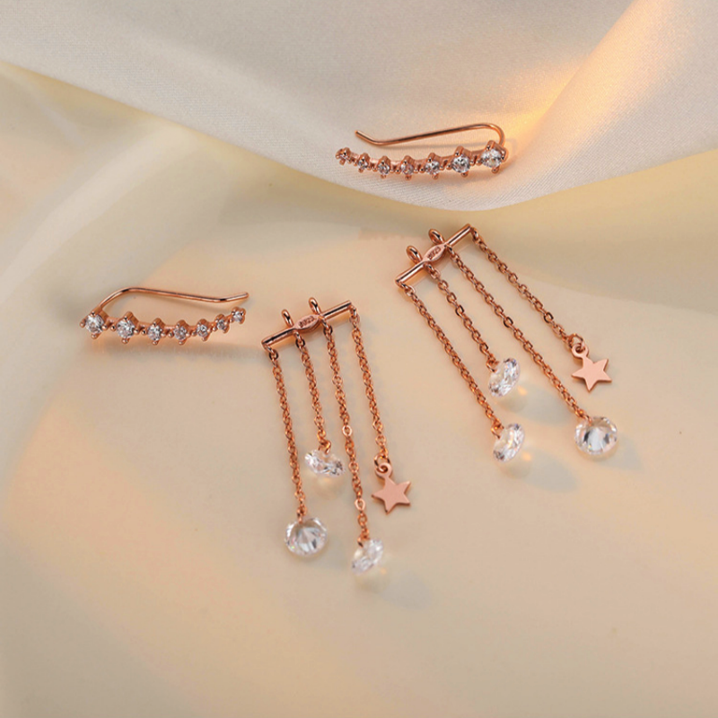 Sterling Silver Rose Golden Elegant Zircon Diamond Star Tassel Earrings