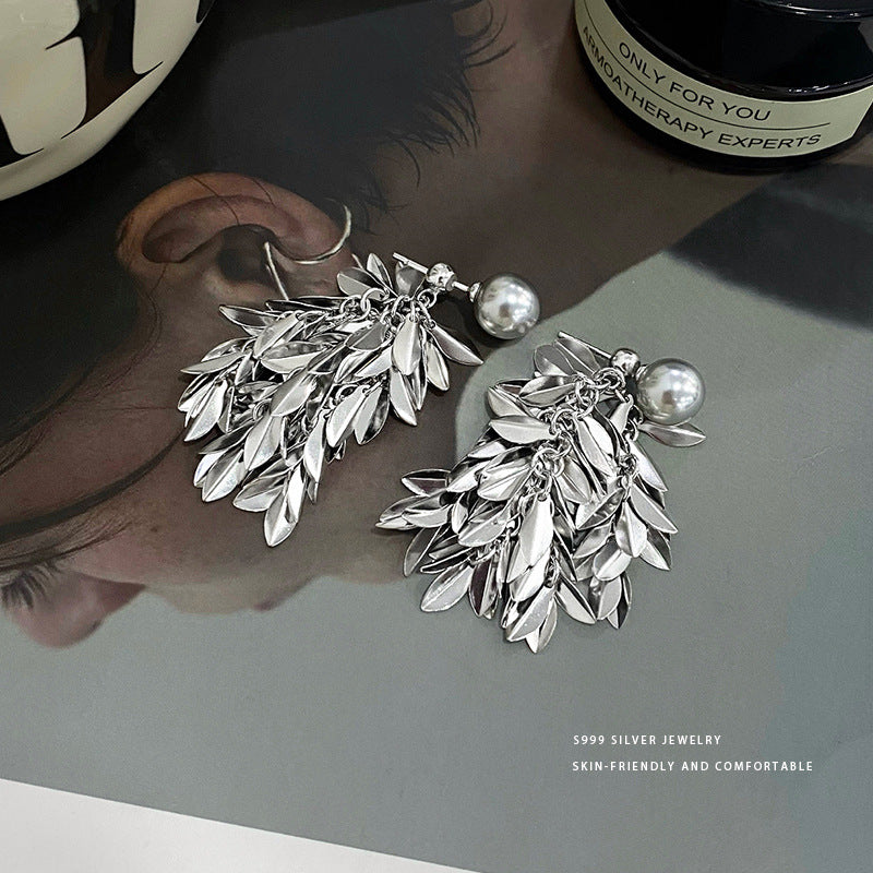 Sterling Silver S999 Leaf Pearl Tassel Earrings