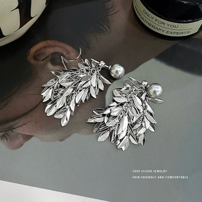 Sterling Silver S999 Leaf Pearl Tassel Earrings
