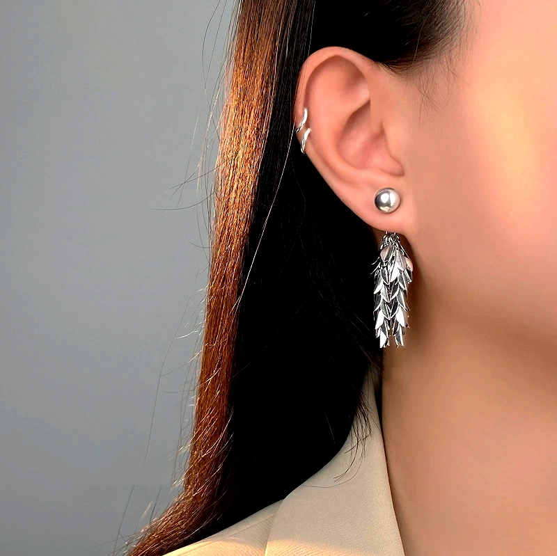 Sterling Silver S999 Leaf Pearl Tassel Earrings