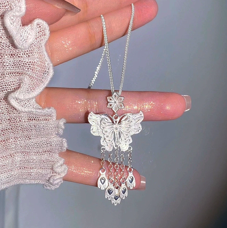 Sterling Silver S999 Sweet Flower Butterfly Tassel Earrings