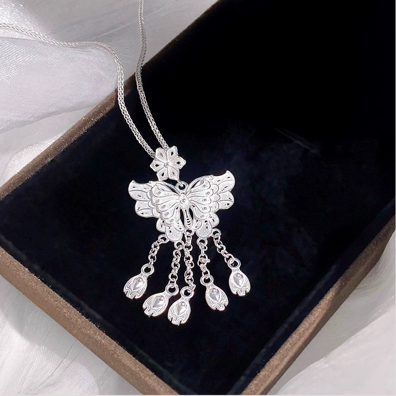 Sterling Silver S999 Sweet Flower Butterfly Tassel Earrings