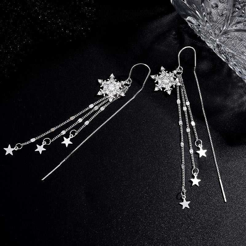 Sterling Silver Snowflake Star Threader Tassel Earrings