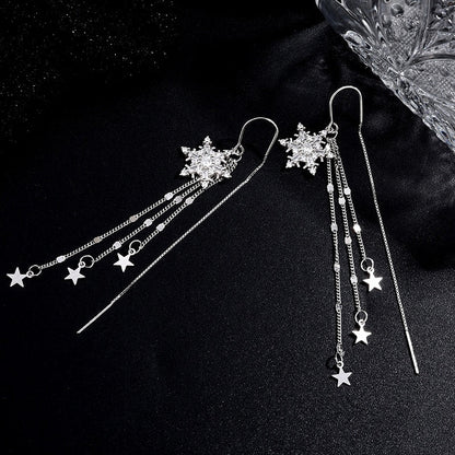 Sterling Silver Snowflake Star Threader Tassel Earrings