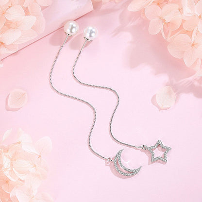 Sterling Silver Star And Moon Pearl Threader Earrings