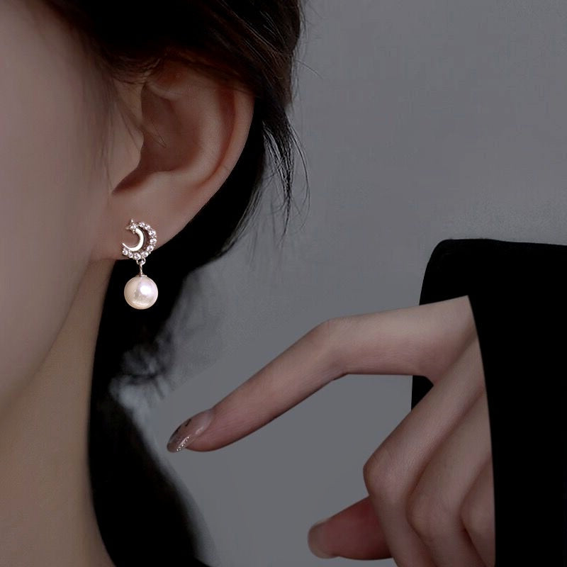 Sterling Silver Star Moon Pearl Earrings