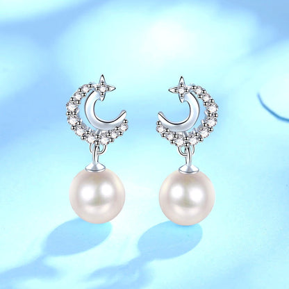Sterling Silver Star Moon Pearl Earrings