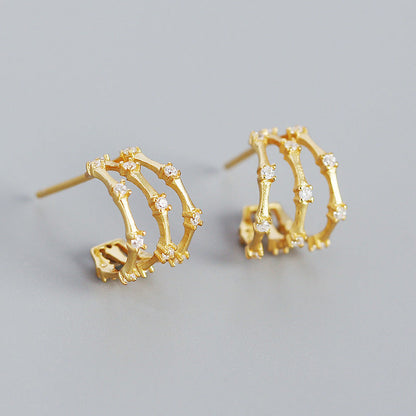 Sterling Silver Three-Layer Bamboo Inlaid Diamond C-Shaped Earrings