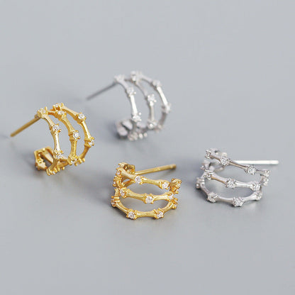 Sterling Silver Three-Layer Bamboo Inlaid Diamond C-Shaped Earrings
