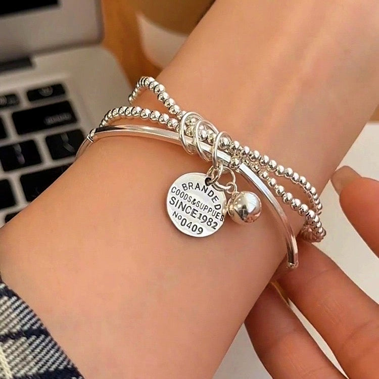 Sterling Silver Three-Layer Multi-Circle English Bracelets