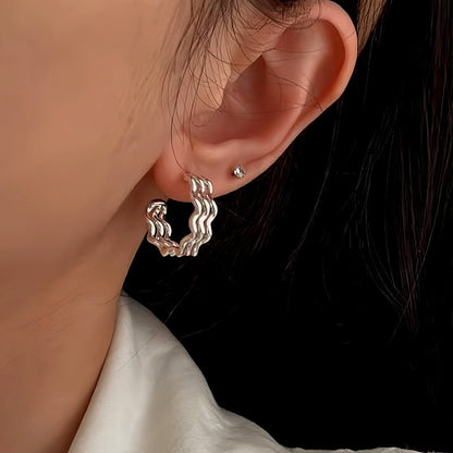 Sterling Silver Three-Layer Wave Texture Earrings