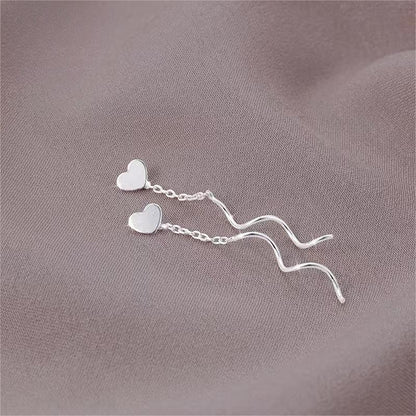 Sterling Silver Wavy Heart-Design Threader Earrings