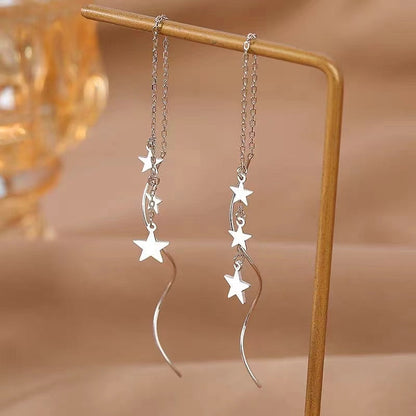 Sterling Silver Wavy Large And Small Star Threader Earrings