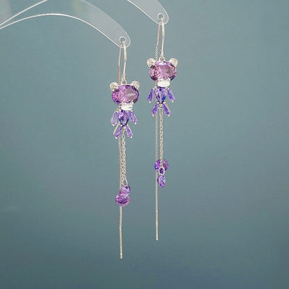 Sterling Silver Zircon Bear Tassel Threader Earrings