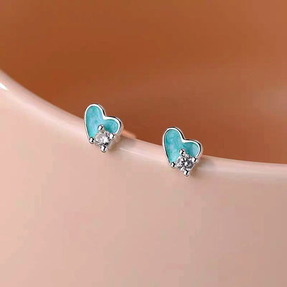 Sterling Silver Zircon Blue Heart-Design Stud Earrings