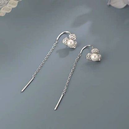 Sterling Silver Zircon Flower Leaf Threader Earrings