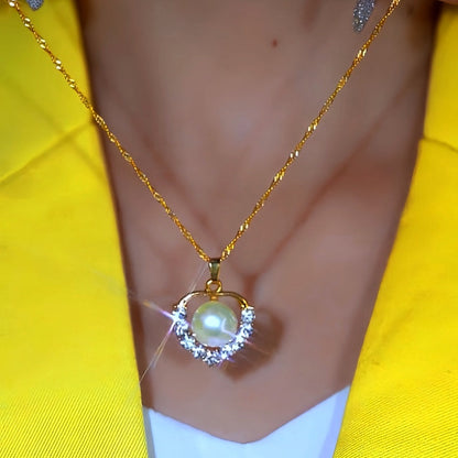 Sterling Silver Zircon Heart-Design Pearl Chain Necklace