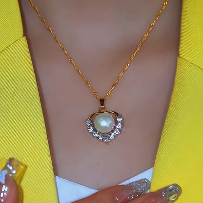 Sterling Silver Zircon Heart-Design Pearl Chain Necklace