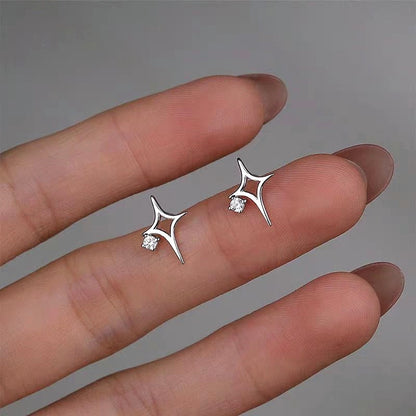 Sterling Silver Zircon Hollow Four-Cornered Star Stud Earrings