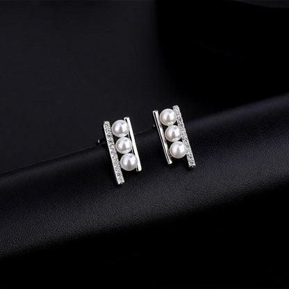 Sterling Silver Zircon Pearl Stud Earrings