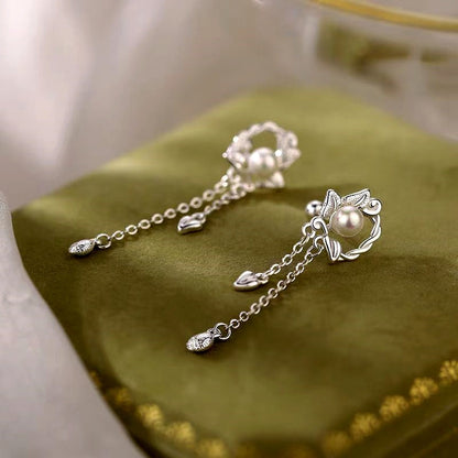 Sterling Silver Zircon Pearl Tassel Earrings