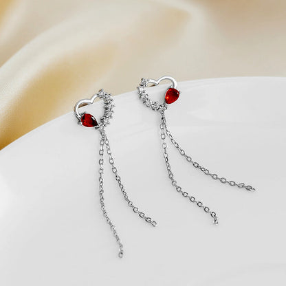 Sterling Silver Zircon Red Diamond Heart Tassel Earrings