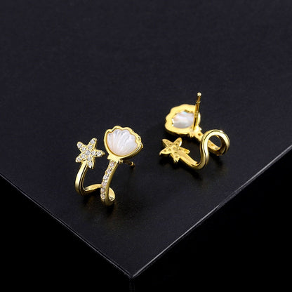Sterling Silver Zircon Starfish Shell Stud Earrings
