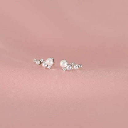 Sterling Silver Zircon Three Pearl Stud Earrings