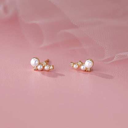 Sterling Silver Zircon Three Pearl Stud Earrings