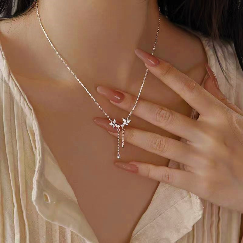 Sterling Silver Luxury Diamond Butterfly Tassel Necklaces