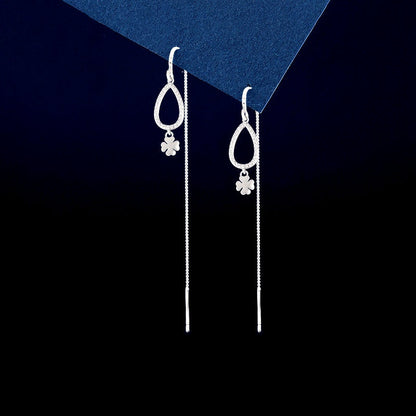 Sterling Silver Water Drop Clover Leaf Threader Earrings
