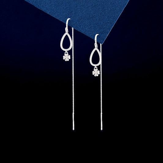 Sterling Silver Water Drop Clover Leaf Threader Earrings