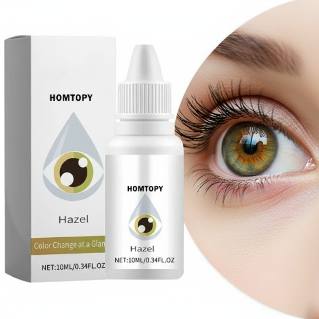 HOMTOPY eye color change product with packaging and close-up of hazel eye.