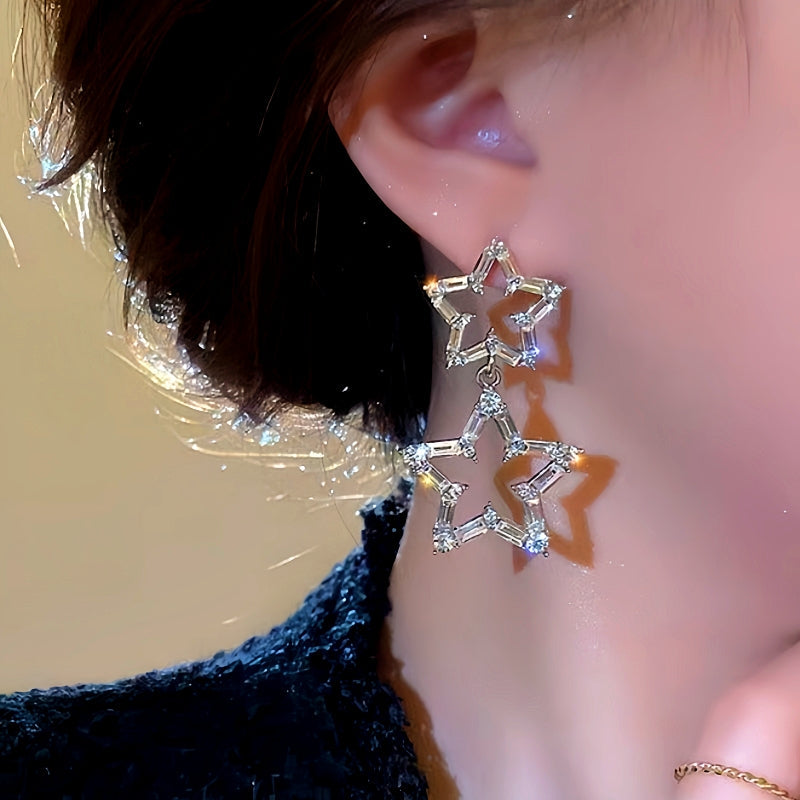 Silver Post Diamond Five-Pointed Star Earrings