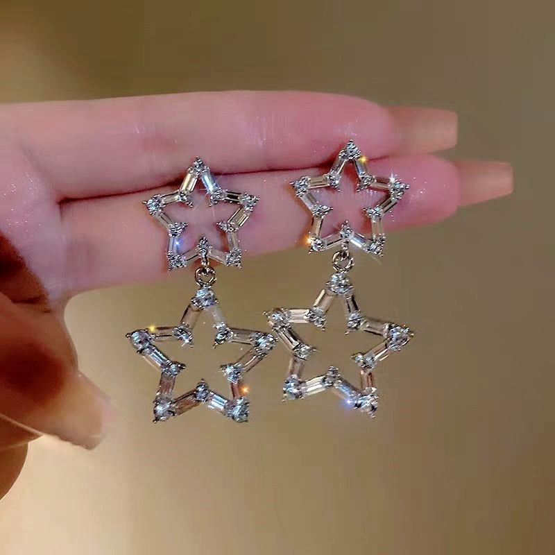 Silver Post Diamond Five-Pointed Star Earrings
