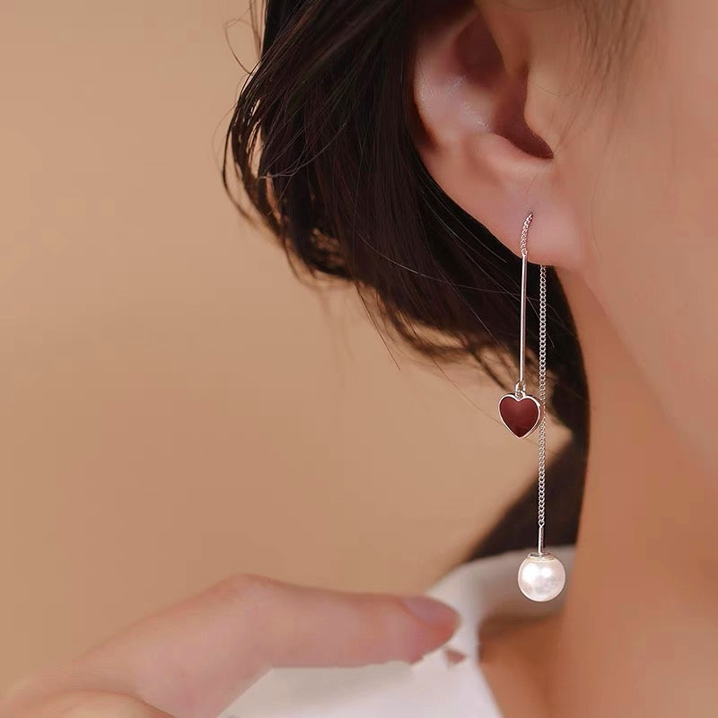 Sterling Silver Heart Artificial Pearl Threader Earrings