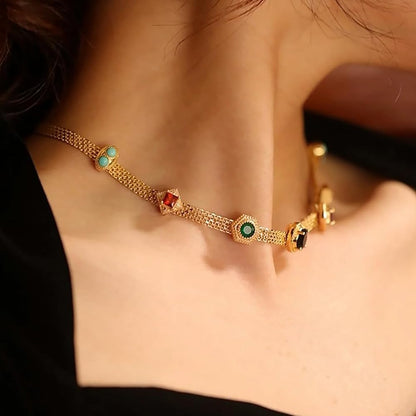 Vintage Retro Tilda Necklace  18k gold Semi-Precious Stone Amythest Opal Turquoise Sapphire Ruby Garnet Multi-gems Lace Chain Necklace