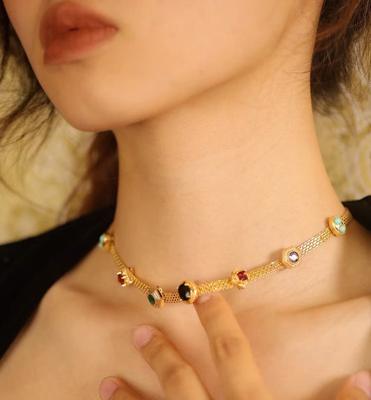 Vintage Retro Tilda Necklace  18k gold Semi-Precious Stone Amythest Opal Turquoise Sapphire Ruby Garnet Multi-gems Lace Chain Necklace