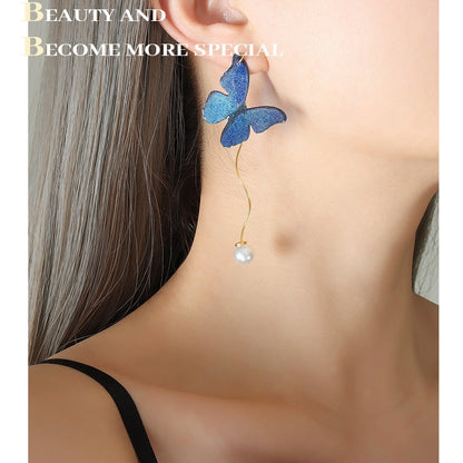Blue Resin Butterfly Artificial Pearl Threader Earrings