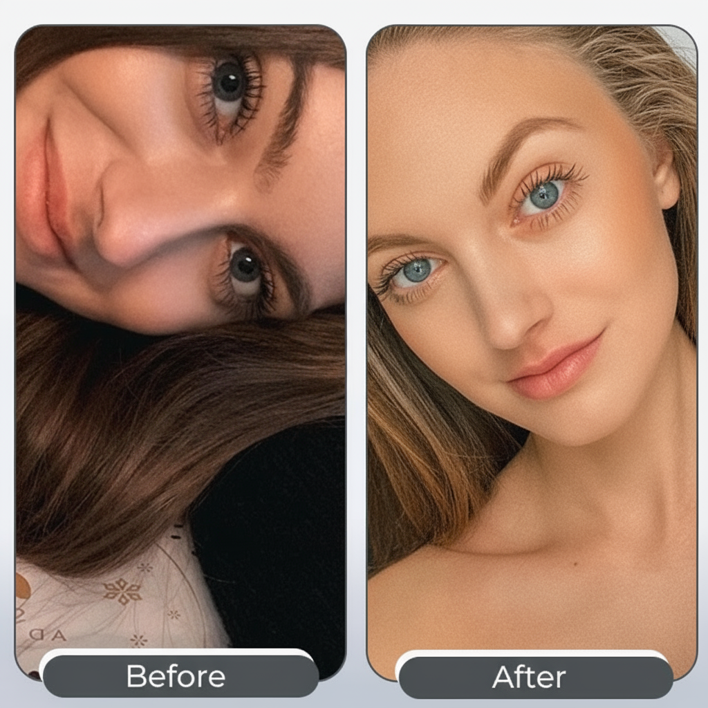 Smiling woman with bright, luminous eyes after using FancyDrop color-changing eye drops by Milaniss